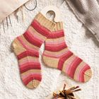 Zwei bunte Socken mit Streifen liegen auf einem hellen Stoff. Daneben Stifte in einem Becher und Stricknadeln aus einer Tasche.