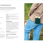 Text: "Handytasche", "Material Wolle", "fM in Rd", "Handytasche sieht lässig aus".
Person mit grüner Handytasche um den Hals.