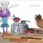 Text: "... an anderen kochen sie ...". Collage von zwei Figuren mit Kochmützen, die in einer Küche kochen.