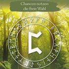 „PERTHRO: Chancen nutzen, die freie Wahl. Mutig nutze ich meine Chancen.“ Wald mit Runenkreis-Illustration.