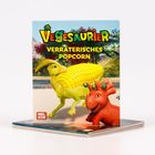Logo: "VEGESAURIER VERRÄTERISCHES POPCORN". Illustration von Dinosauriern mit Gemüsemerkmalen, Mais und Paprika.