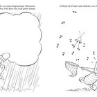 Links: "Ferkel wurde von einem Regenschauer überrascht. Male, was ihm wohl durch den Kopf gehen könnte." Rechts: "Verbinde die Punkte und entdecke, was Ferkel verfolgt." Die Illustration zeigt ein Ferkel im Regen mit Gedankenblase links und rechts mit einem Netz punkteverbindend.