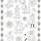 Illustration mit Charakteren, Schneeflocken, Blättern und Rautenrand. Figuren zeigen Menschen und Tiere in verschiedenen Posen.