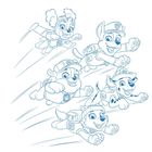 Eine Illustration von fünf fröhlichen Welpen in Abenteuerausrüstung, die in die gleiche Richtung fliegen.