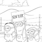 Drei Figuren in Overalls; die mittlere hält ein Schild mit "NEW YORK" darauf. Hügel und Wolken im Hintergrund.