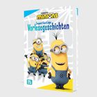 „Superlustige Vorlesegeschichten“ mit fröhlichen gelben Figuren in blauer Kleidung, schwarzer Handschuhen und Brillen.
