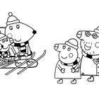 Illustration zweier Familien figürlicher Tiere im Schnee, einige auf einem Skilift, andere stehend. Alle tragen Mützen.