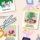 Texte: "Größter Baum!", "Evies erstes Weihnachtsfest!", "Weihnachtsstrümpfe aufhängen!", "Gutenachtgeschichte!", "Kekse für den Weihnachtsmann!". Illustrationen von Peppa Wutz und ihrer Familie bei Weihnachtsaktivitäten.