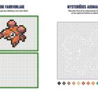 Links steht "DIE FARBVORLAGE". Rechts "MYSTERIÖSES AUSMALBILD". Pixelbild mit Pokémon und Zahlenraster zum Ausmalen.