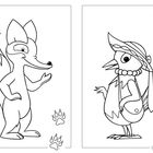 Links: Ein zwinkernder Fuchs mit hoch erhobenem Schweif und Pfotenabdrücken. Rechts: Ein Vogel mit Hut und Tasche.