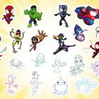 Comic-Helden in dynamischen Posen vor gelbem Hintergrund, zahlreiche, bunte Figuren und Linienzeichnungen.