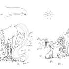 Zwei Zeichnungen zeigen Einhörner, Mädchen, einen Hasen und Schmetterlinge in einer natürlichen Umgebung mit Sonne.