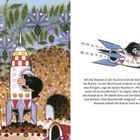 Ein Maulwurf kriecht in eine Rakete, drückt einen Knopf, und die Rakete hebt ab. Links Blumen, rechts schwebend im All.