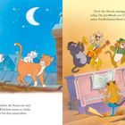 Links: "Bei Einbruch der Nacht erreichten...", rechts: "Doch der Abend entpuppte sich..." Eine Illustration von Katzen auf Dächern und musizierend.