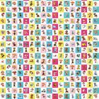 Viele Bilder von cartoonhaften Hunden auf buntem Hintergrund in einem Raster angeordnet, mit spielerischen Posen.