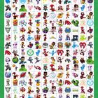 Eine Tabelle mit Comicfiguren, Logos und Wörter wie "SPIDEY", "HULK", "BOING". Enthält diverse Superheldenabbildungen.