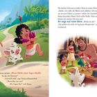 Zwei Schwestern treffen Moni. Sie holen Blüten als Farbstoffe. Illustration von fröhlichen, tropischen Szenen.