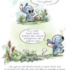 "Möchtest du zu meiner 'Ohana gehören?" und "'Ohana heißt Familie..." In einer sanften Illustration sitzt ein blaues Wesen mit einem kleinen weißen Tier in einer grünen Landschaft.