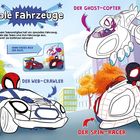 "Coole Fahrzeuge", "Der Ghost-Copter", "Der Web-Crawler", "Der Spin-Racer". Comic-Stil mit mehreren Fahrzeugen und Figuren.