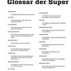 Ein Glossar mit Begriffen wie Akustikinese, Allmacht, Empathie, Dimensionenreisen, Elektrokinese, und kosmische Macht.