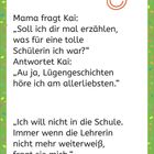 "Zitat über Lügengeschichten und Schule. Bunte Konfettirahmen und ein rotes, lächelndes Smiley-Gesicht."