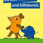 "Du bist freundlich und hilfsbereit." zeigt eine orange Maus und blauer Elefant auf grünem Gras vor gelbem Hintergrund.