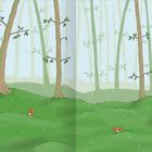 Keine Texte zu lesen. Eine Illustration eines Walds mit Bäumen, grünem Boden und roten Pilzen im Regen.