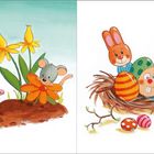 Bunte Illustration: Links Blumen, Maus, Marienkäfer; rechts Hase und Ostereier im Nest mit Zweigen.