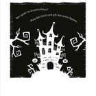 Text: "Wer spukt im Gruselschloss? Male den Geist und gib ihm einen Namen." Illustration eines Schlosses mit Bäumen.