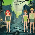 Illustration: Drei Personen in grüner Kleidung stehen auf einer gepflasterten, mondbeschienenen Straße mit alten Laternen.