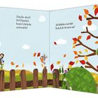 Ein Vogel mit Schild "Süden", Baum mit Herbstblättern, weitere Vögel. Texte: Reise in den Süden, Vögel und Herbst.