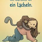 "Ich wünsche dir ein Lächeln." Illustration: Kind mit Stoffaffe auf momentanen Knien, glücklich lächelnd.