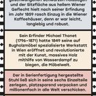 Text über Michael Thonets ikonischen Sessel, seine massenhafte Verbreitung und Verkaufszahlen. Gerahmt mit Muster.