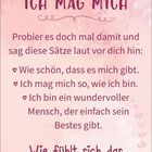 Der Text ermutigt zur Selbstakzeptanz mit positiven Affirmationen. Der Hintergrund ist rosa mit Verzierungen.