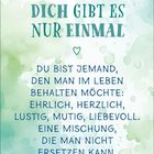 "Dich gibt es nur einmal. Du bist jemand, den man im Leben behalten möchte: ehrlich, herzlich, lustig, mutig, liebevoll..." 
Hintergrund in Aquarell-Grüntönen mit dekorativen Symbolen an den Ecken.
