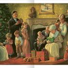 Weihnachtliche Szene: Eine Familie versammelt sich um den Kamin mit Geschenken und einem Weihnachtsbaum im Hintergrund.