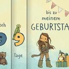 Noch 9 Tage bis zu meinem Geburtstag. Illustration eines Kindes mit Kuscheltieren und Geschenken.