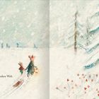 "... hinaus in eine andere Welt." Zwei Mäuse im Schnee mit einem Schlitten und einer Laterne, umgeben von verschneiten Bäumen.