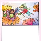 "Hoppla! Im unteren Bild haben sich fünf Fehler eingeschlichen! Kannst du sie finden? Kreise ein." Zwei Feen in Blumenfeld.