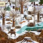 "JANUAR" steht oben links. Winterliche Szenerie mit Tieren: Fuchs, Biber, Vögel; verschneite Bäume, Fluss, Tiere im Winterschlaf.