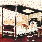 Ein Himmelbett dominiert den Raum. An den Wänden hängen Zeichnungen. Eine Person liegt lesend im Bett.