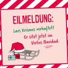 Eilmeldung: Lars Krismes verhaftet! Er sitzt jetzt im Verlies Navidad. Illustration mit Weihnachtsmütze und Schlitten.