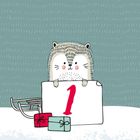 Zahl 1 in Rot. Ein niedlicher Igel hält ein Schild, ein Schlitten und Geschenke sind im Schnee. 