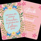 Zwei Karten mit Blumenmotiv. Erste Karte: "Ich feiere die kleinen Freuden, sie machen das Leben groß."