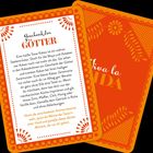 Zwei Karten mit Texten. Vorne: "Geschenk der Götter" und ein Kakaogenuss-Ritual. Hinten: "Viva la Vida". Beide in Orange dekoriert.