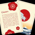 Karte mit Text über "Oubaitori": Jeder Baum blüht im Frühling anders. Illustration: Welle und rote Sonne im Hintergrund.