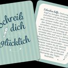Zwei Karten. Links: "Schreib dich glücklich", rechts Text über Vorteile des Schreibens. Grüne Streifen, illustrativer Stil.