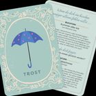 "TROST" und "Wenn du dich ein bisschen weniger alleine fühlen willst..." mit Illustrationen von Regenschirm und floralen Mustern.
