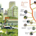 Text: "High Line Park" mit Orten wie "Chelsea Grasslands" und "Gansevoort Plaza". Illustration von Hochhäusern und grünem Pfad.