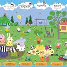 1) "Wo hat Schorsch seinen Dino Swusi versteckt?"
2) "Wer trägt einen Helm mit bunten Punkten?"
3) "Peppas Lehrerin Madame Gazelle freut sich, dass alle so viel Spaß haben. Wo ist sie?"
4) "Was hat Wendy Wolf als Fahne benutzt?"
5) "Wie viele Figuren plantschen in der Matschpfütze?"
6) "Der Schmetterling mit den gelben Flügeln ist wunderschön. Entdeckst du ihn?"

Ein farbenfroher Spielplatz mit Figuren, Bäumen und Spielgeräten.